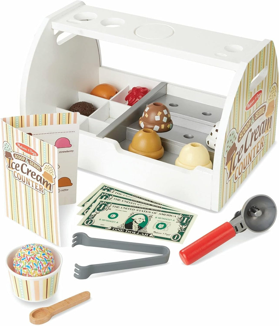Wooden Scoop and Serve Ice Cream Counter (28 Pcs) Play Food and Accessories