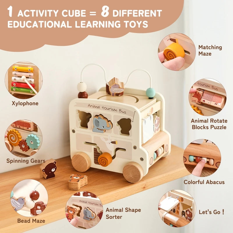 Baby Wooden Montessori Toy Baby Five-In-On Car Toy