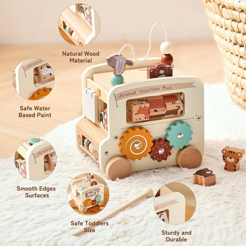 Baby Wooden Montessori Toy Baby Five-In-On Car Toy