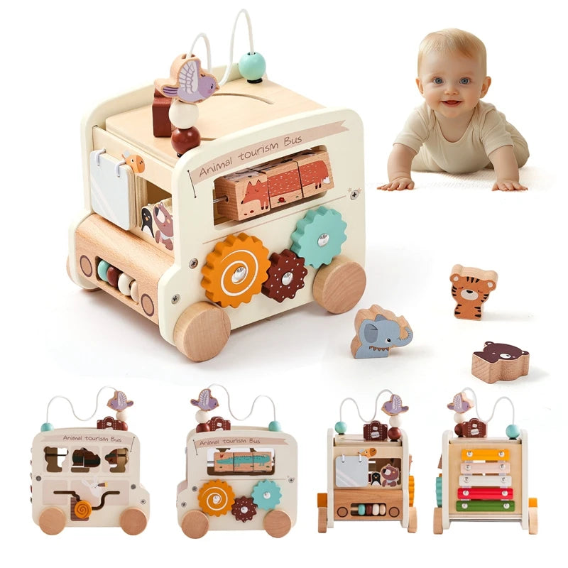 Baby Wooden Montessori Toy Baby Five-In-On Car Toy