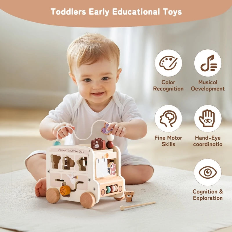 Baby Wooden Montessori Toy Baby Five-In-On Car Toy