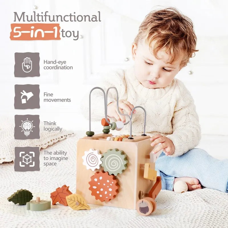 5-In-1 Wooden Activity Cube Game Center Bead Maze