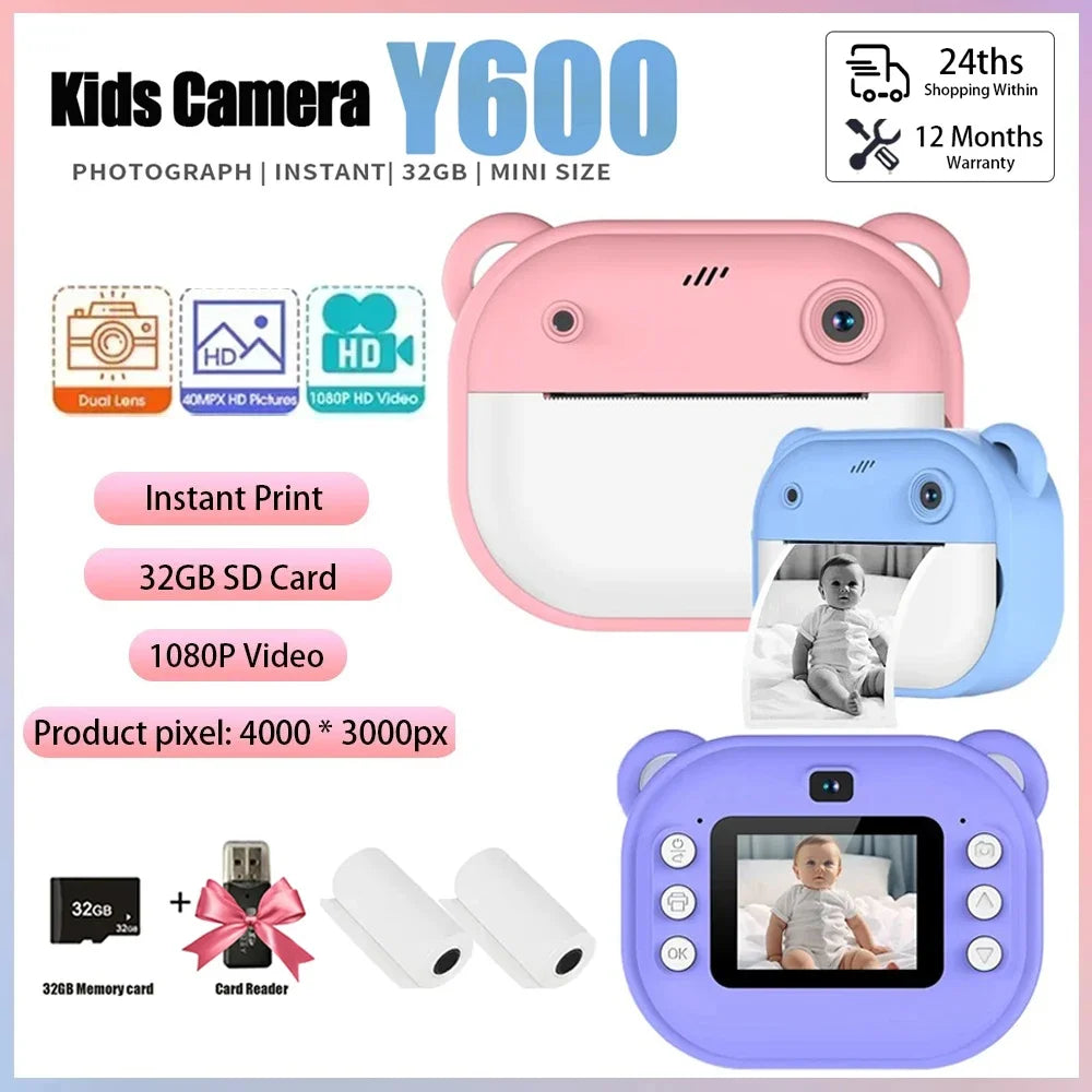 Kids Digital Instant Print Camera | Thermal Photo & Video + 32GB Memory Card